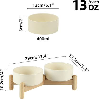 Ceramic 5.1inch Raised Double Bowls Set with Wooden Stand, Elevated Food & Water Bowls for Small