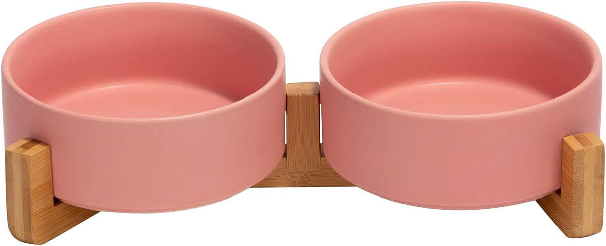 SPUNKYJUNKY Ceramic Dog and Cat Bowl with Wood Stand Non-Slip Matte Glaze Weighted Food Water Set