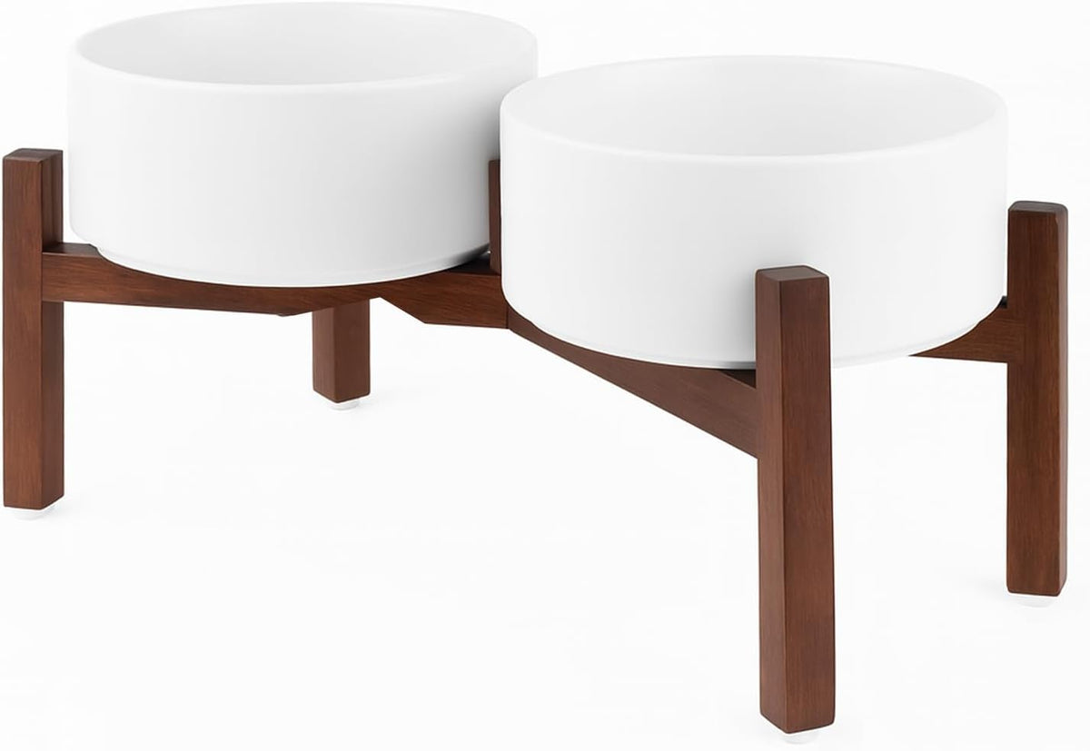 SPUNKYJUNKY Raised Ceramic Dog Bowls Set with Non-Slip Acacia Wood Stand for Medium Sized Dog(42.27