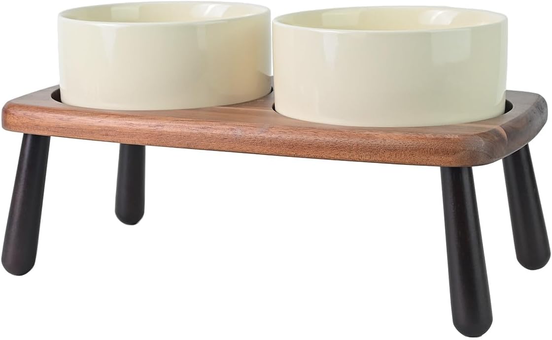 SPUNKYJUNKY Ceramic Elevated Dog Bowls Raised with Acacia Bamboo Wooden Stand, 6.1'' Dog and Cat