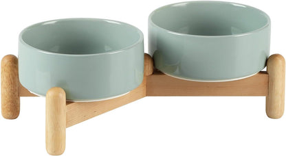 Ceramic 5.1inch Raised Double Bowls Set with Wooden Stand, Elevated Food & Water Bowls for Small