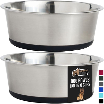 GORILLA GRIP Set of 2 Dog Bowls, Holds 8 Cups (64 fl oz), Heavy Duty Metal Food and Water Bowl for