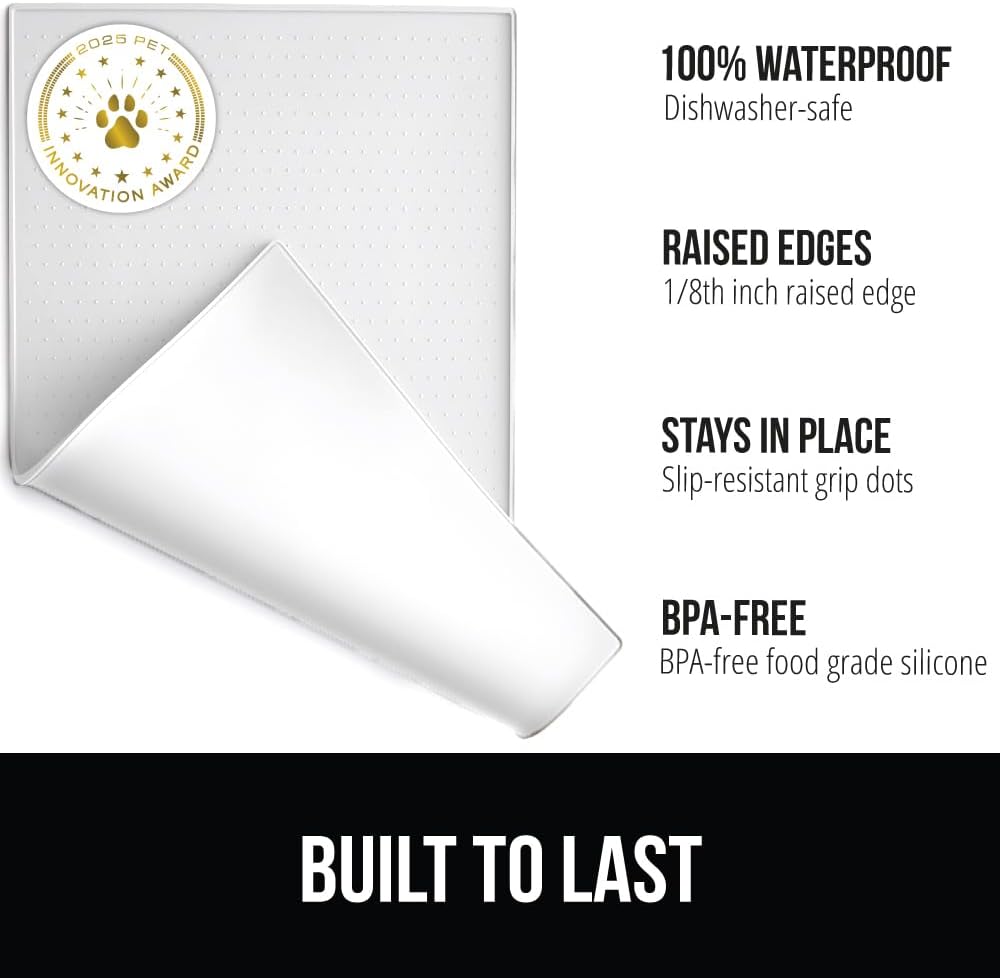 GORILLA GRIP 100% Waterproof Raised Edge BPA Free Silicone Pet Feeding Mat, Dog Cat Food Mats