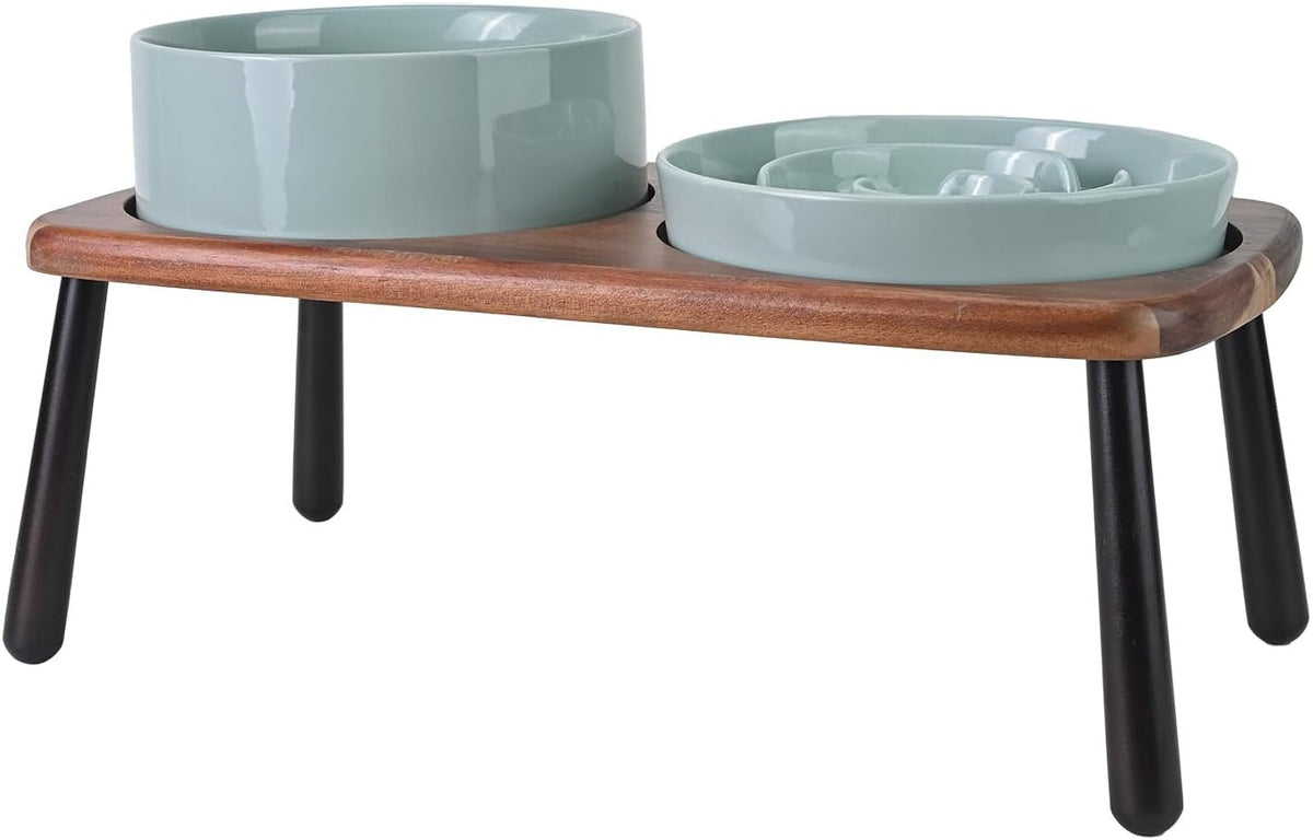 SPUNKYJUNKY Ceramic Elevated Dog Bowls with Slow Feeder Raised Acacia Bamboo Wooden Stand, 8.3''