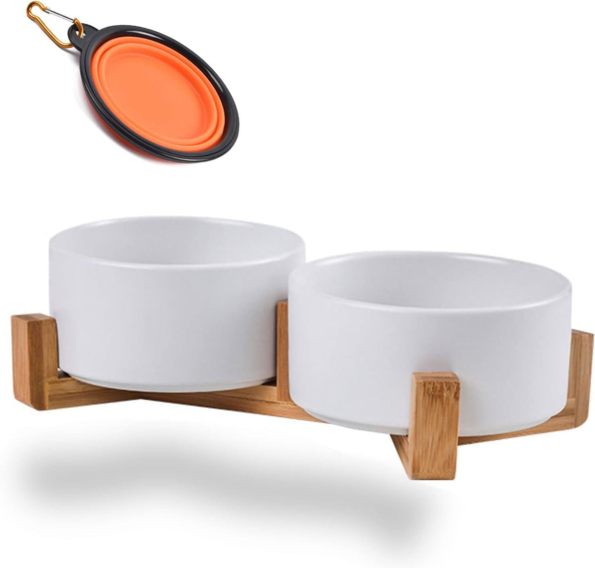 Petygooing Dog Bowls,White Ceramic Cat Dog Bowl Set with Wood Stand for Food and Water Feeder