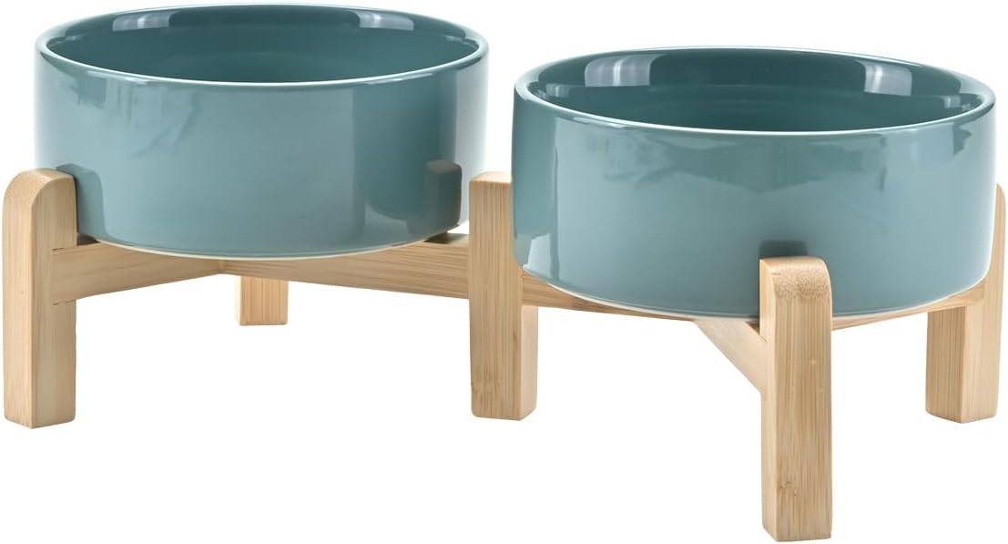 SPUNKYJUNKY Elevated Dog Bowls Ceramic, 5.1'' Dogs and Cat Food Water Bowls Raised with Non-Slip