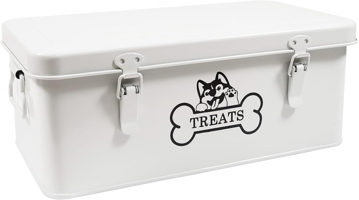 Metal Dog Treat Container,Dog Treats Storage Box with Lid,White Pet Food Bin with