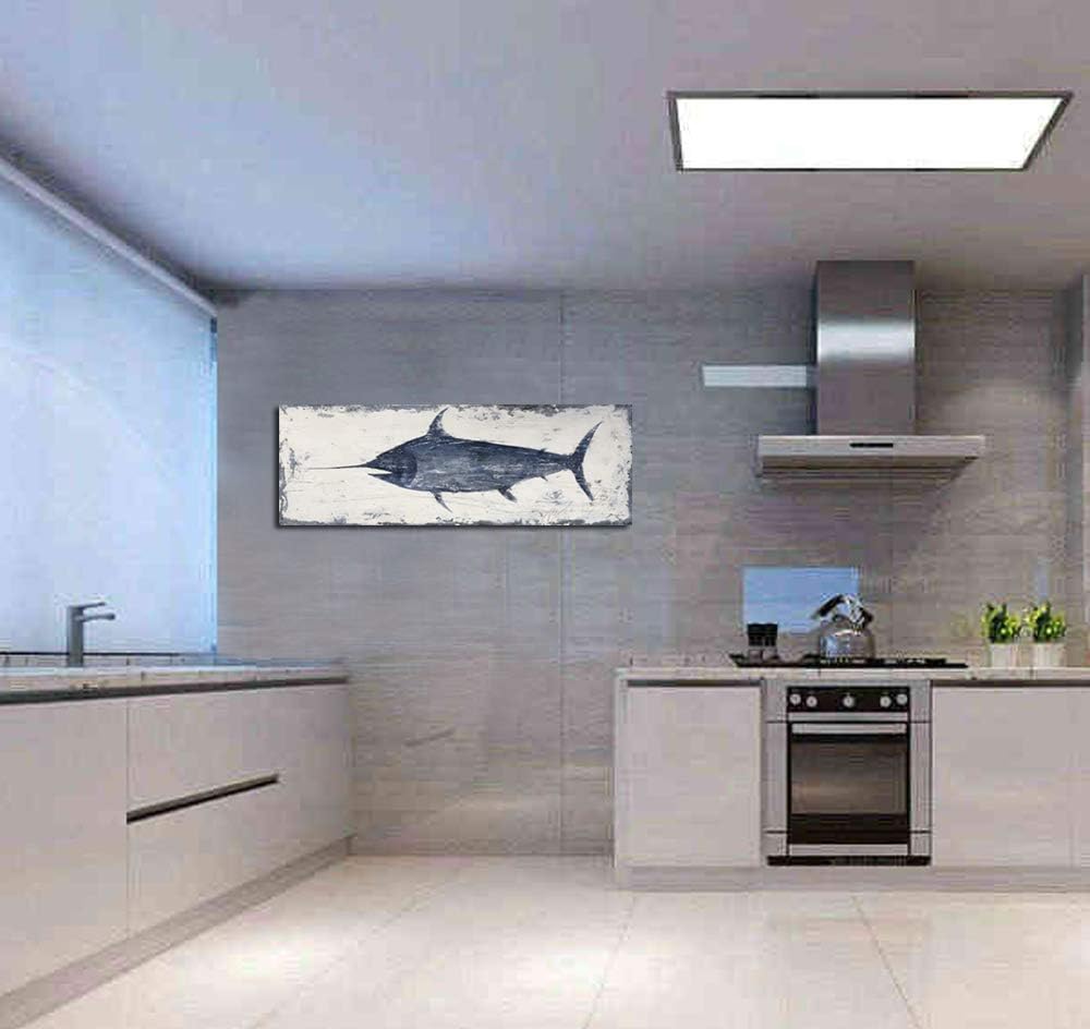 Yihui Arts Indigo Blue Swordfish Canvas Wall Art Painting Pictures for Living Room Bedroom Bathroom