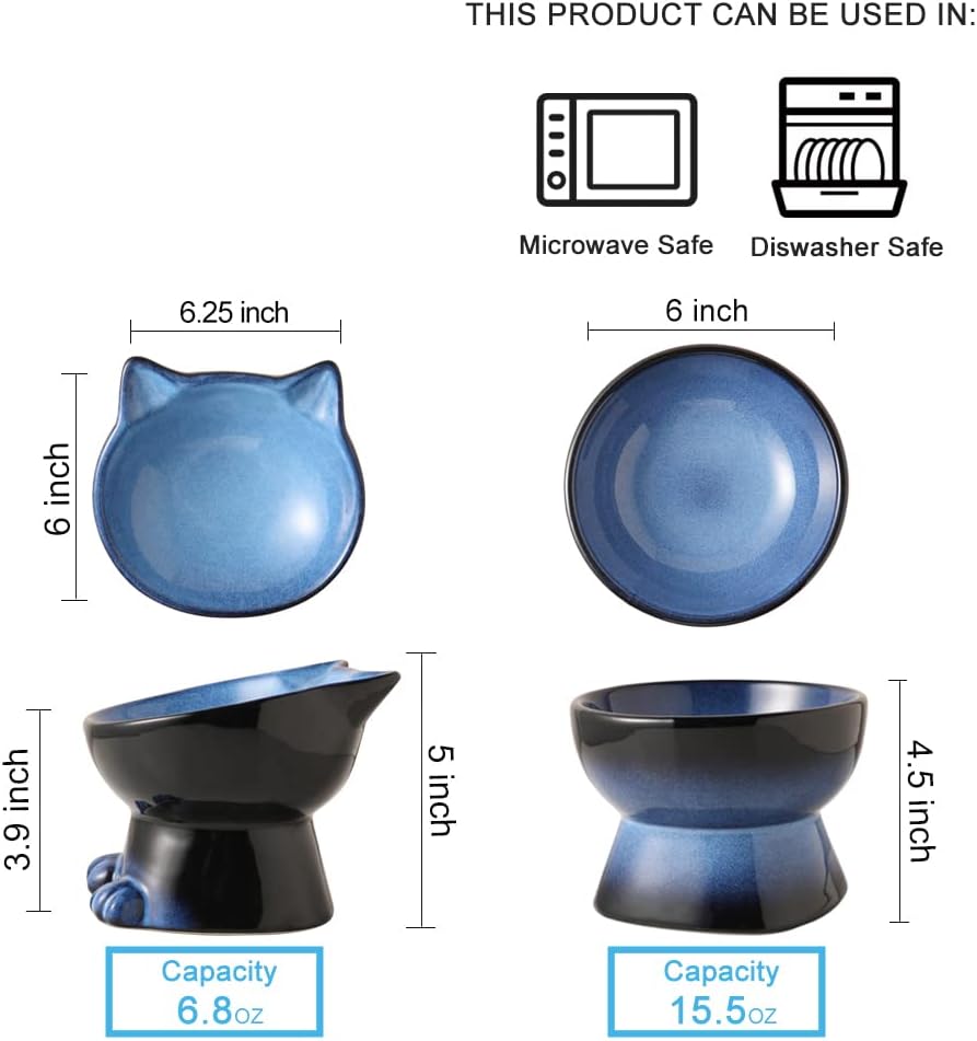 Nihow Elevated Cat/Dog Bowls Set : 6.2 Inch Ceramic Raised Cat Food & Water Bowl Set for Protecting