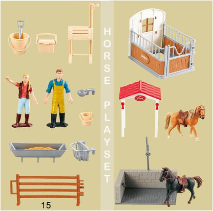 Peagrav Horse Stable Playset with Rider, Wash Area, Fence & Animal Figures - Gifts for Girls & Boys