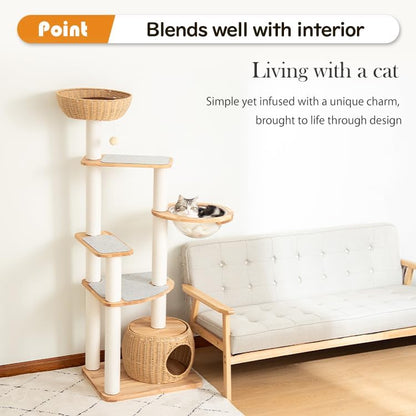 Wooden Cat Tower for Large Cats 63’‘, Modern Multi-Level Condo with Natural Wood, Indoor Cat