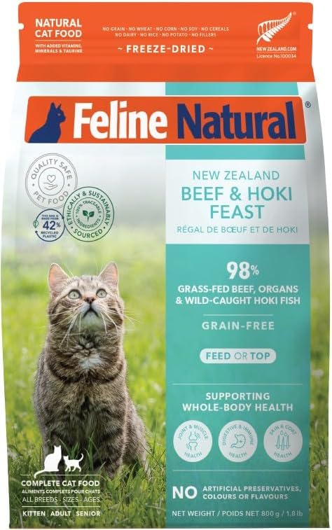 Feline Natural High Protein Dry Cat Food, Freeze-Dried Diet with 98% Meat, Organs & Seafood, No