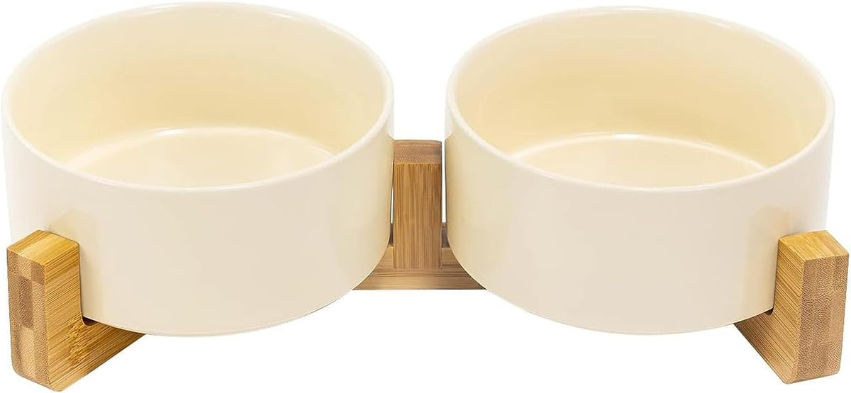 SPUNKYJUNKY Ceramic Dog and Cat Bowl Set with Wooden Stand, Modern Cute Weighted Food Water Set for