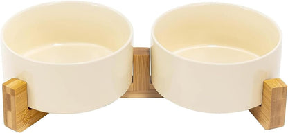 SPUNKYJUNKY Ceramic Dog and Cat Bowl Set with Wooden Stand, Modern Cute Weighted Food Water Set for