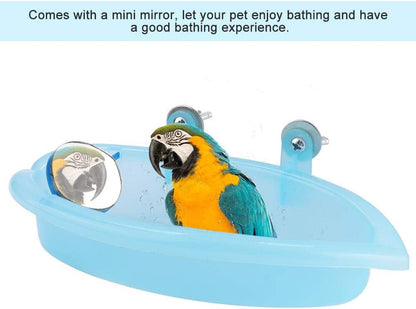 Tnfeeon Pet Bird Bathing Box, Cute Blue Pet Parrot Bathtub Box with Mirror Bird Cage Toy Accessory