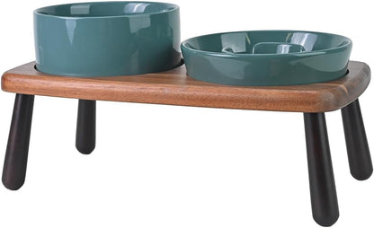 SPUNKYJUNKY Ceramic Elevated Dog Bowls with Slow Feeder Raised with Acacia Bamboo Wooden Stand