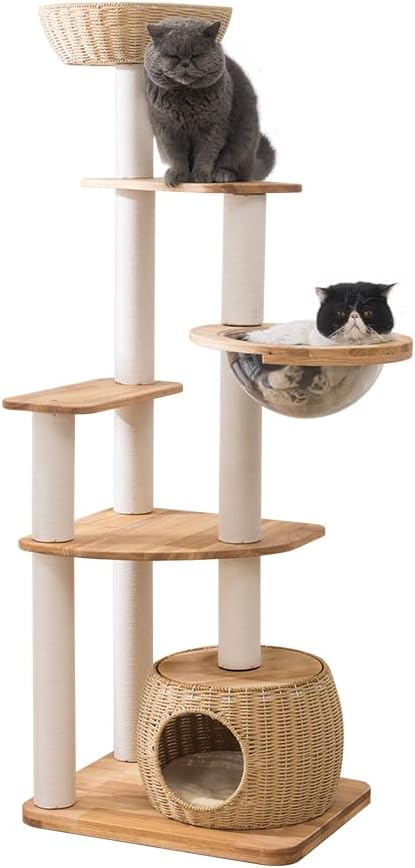 Wooden Cat Tower for Large Cats 63’‘, Modern Multi-Level Condo with Natural Wood, Indoor Cat