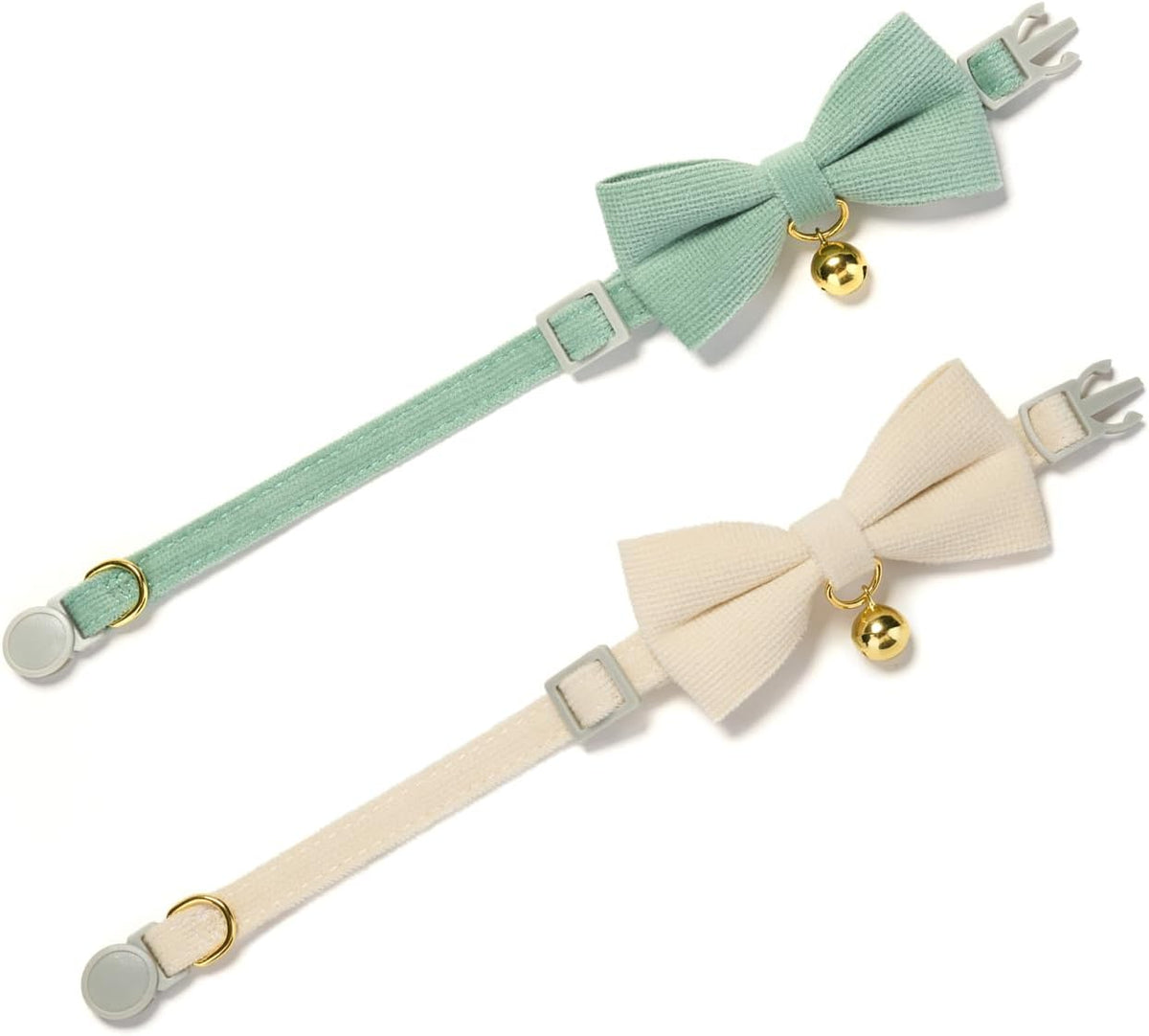 2 Pack Soft Corduroy Cat Collars with Bow Tie & Bell, Adjustable Breakaway Cotton Kitty Bowtie
