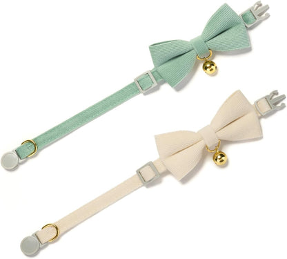 2 Pack Soft Corduroy Cat Collars with Bow Tie & Bell, Adjustable Breakaway Cotton Kitty Bowtie