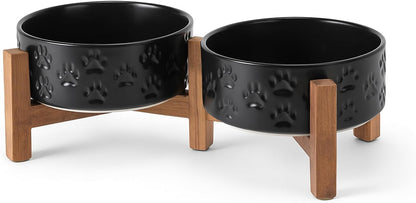 SPUNKYJUNKY Ceramic Elevated Dog Bowl Set with Acacia Wood Stand for Food and Water for Cats and