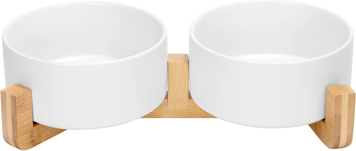 SPUNKYJUNKY Ceramic Dog and Cat Bowl Set with Wooden Stand, Modern Cute Weighted Food Water Set for