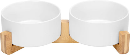 SPUNKYJUNKY Ceramic Dog and Cat Bowl with Wood Stand Non-Slip Matte Glaze Weighted Food Water Set