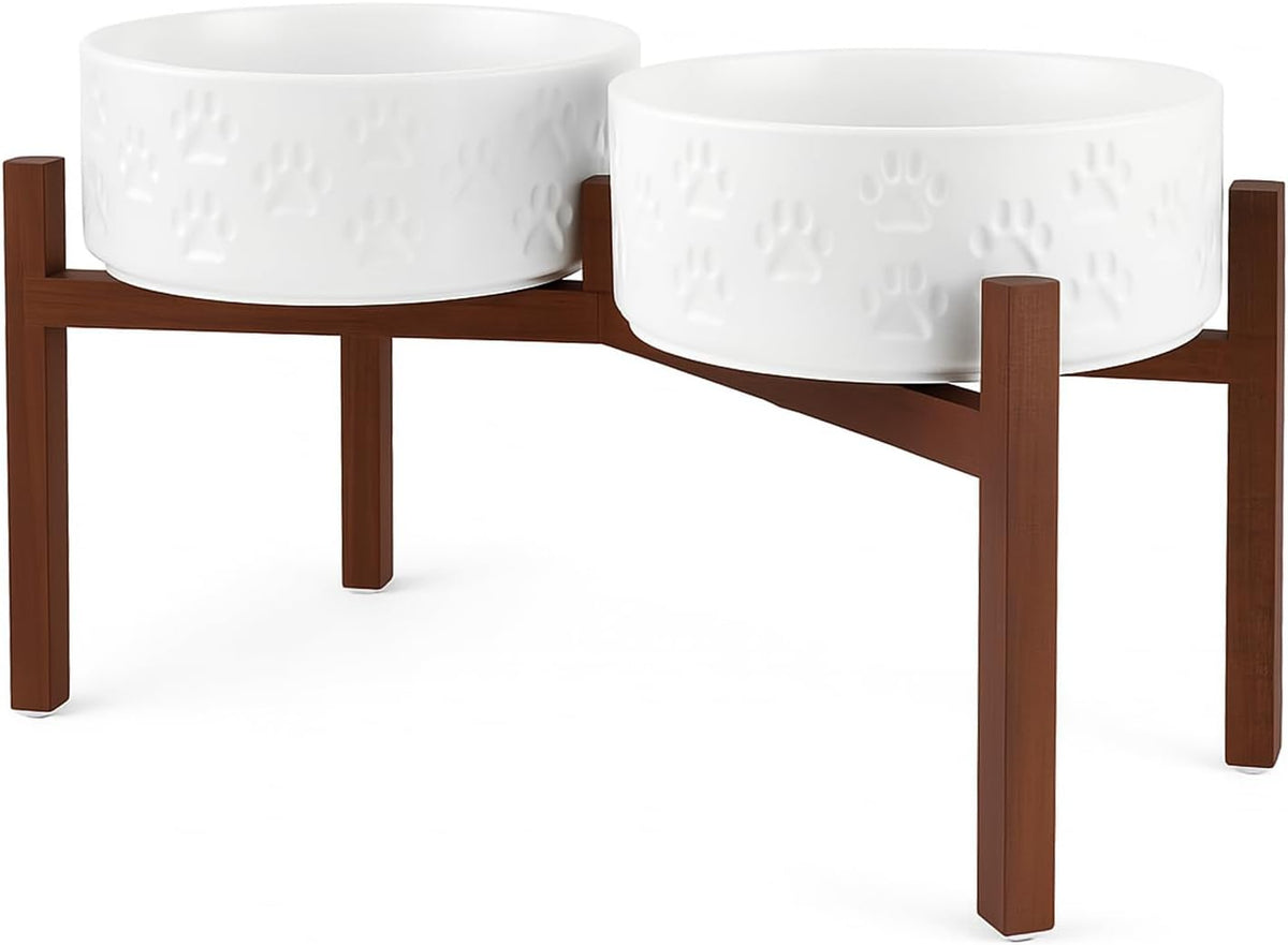 SPUNKYJUNKY Ceramic Elevated Dog Bowl Set with Acacia Wood Stand for Food and Water for Large Dogs