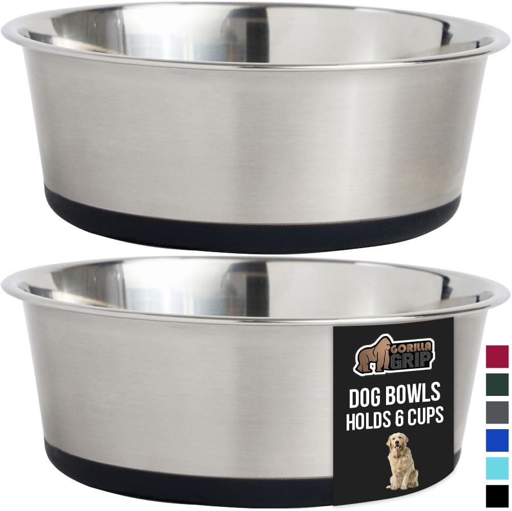 GORILLA GRIP Set of 2 Dog Bowls, Holds 6 Cups (48 fl oz), Heavy Duty Metal Food and Water Bowl for