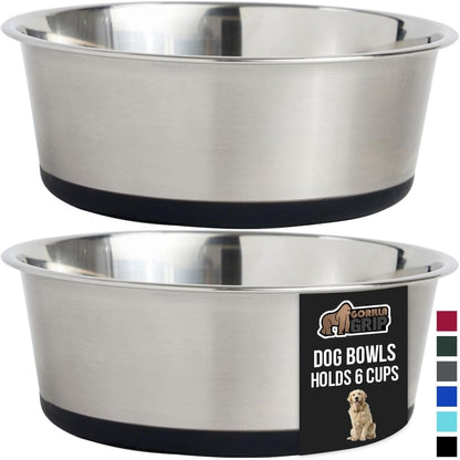 GORILLA GRIP Set of 2 Dog Bowls, Holds 6 Cups (48 fl oz), Heavy Duty Metal Food and Water Bowl for