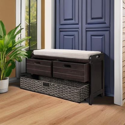 Storage Bench with Removable Basket 2 Drawers Fully Assembled Acacia Wood Shoe Bench Standing Shoe