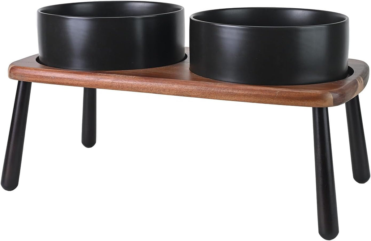 SPUNKYJUNKY Ceramic Elevated Dog Bowls Raised with Acacia Bamboo Wooden Stand, 8.3'' Dog Food Water