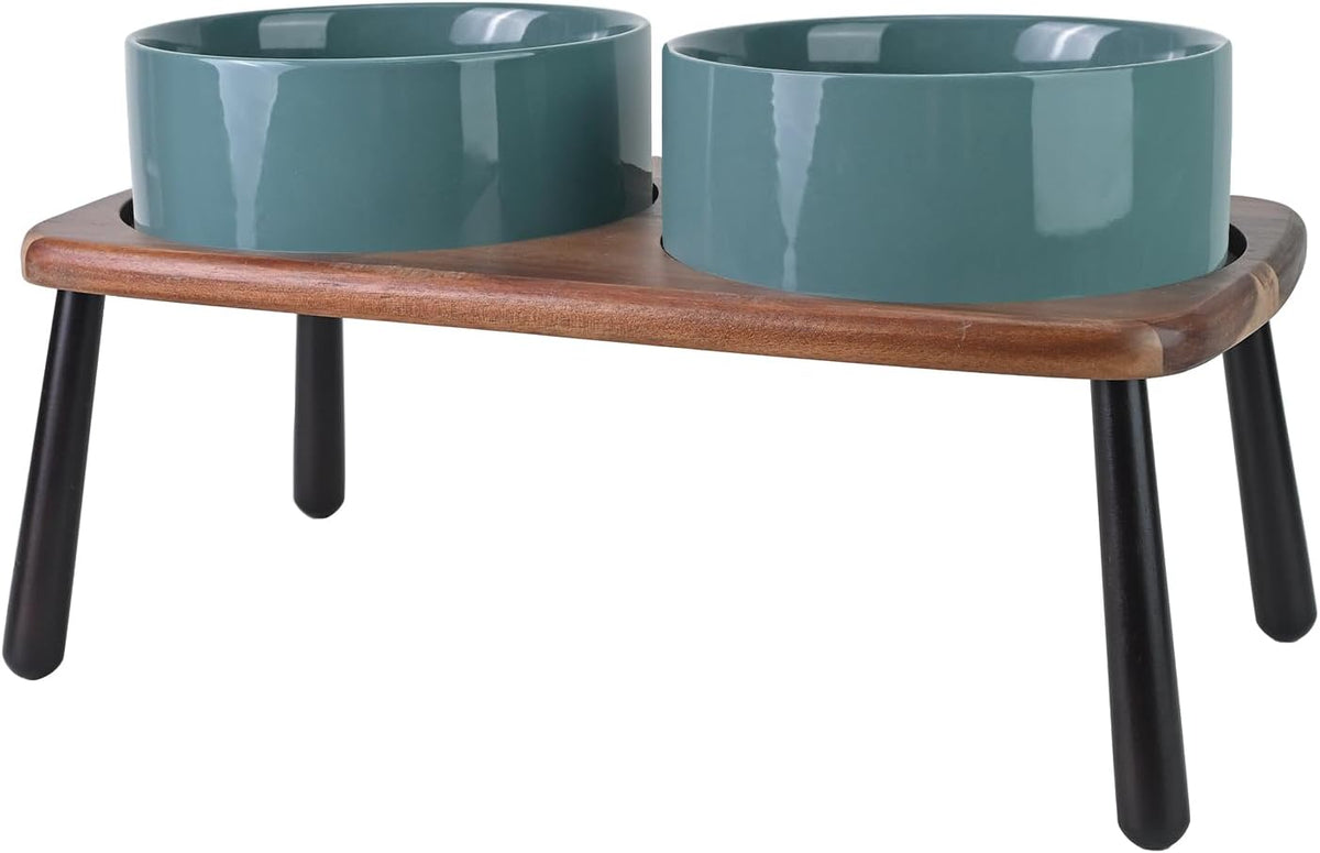 SPUNKYJUNKY Ceramic Elevated Dog Bowls Raised with Acacia Bamboo Wooden Stand, 8.3'' Dog Food Water