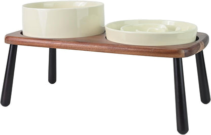 SPUNKYJUNKY Ceramic Elevated Dog Bowls with Slow Feeder Raised Acacia Bamboo Wooden Stand, 8.3''