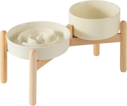 Ceramic Raised Slow Feeder Dog Bowl Set, Elevated 6.1inch Bowl and 7.3inch Puzzle Slow Food Dish