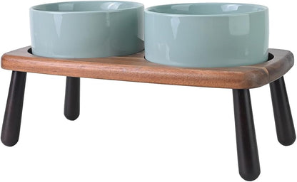 SPUNKYJUNKY Ceramic Elevated Dog Bowls Raised with Acacia Bamboo Wooden Stand, 6.1'' Dog Cat Food