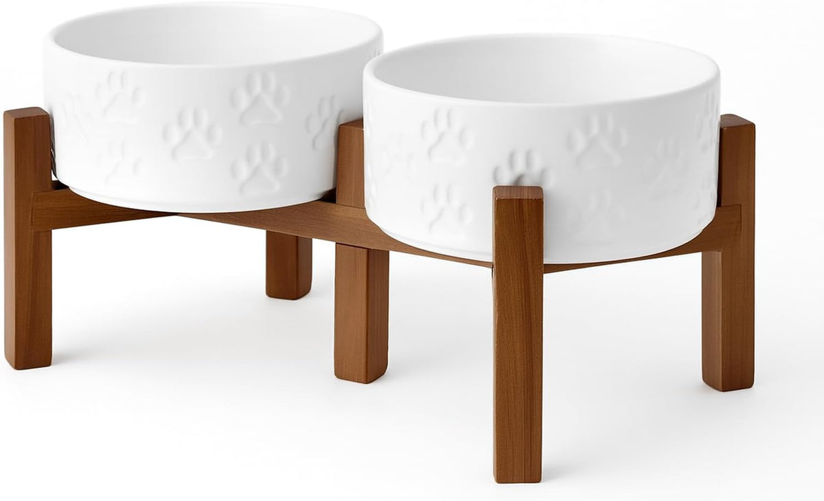 SPUNKYJUNKY Ceramic Elevated Dog Bowl Set with Acacia Wood Stand for Food and Water for Small