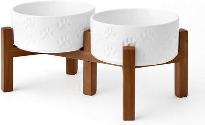 SPUNKYJUNKY Ceramic Elevated Dog Bowl Set with Acacia Wood Stand for Food and Water for Small