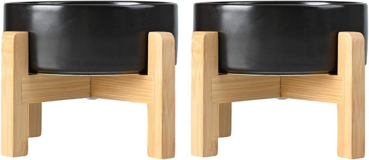 SPUNKYJUNKY Ceramic Elevated Dog Bowls 2 Pack - 5.1inch Raised Dog Bowls with Non-Slip Wooden Stand