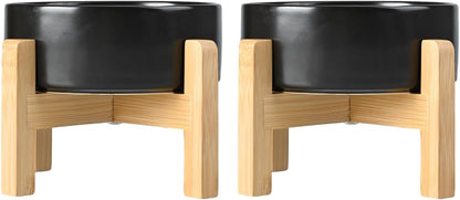 SPUNKYJUNKY Ceramic Elevated Dog Bowls 2 Pack - 5.1inch Raised Dog Bowls with Non-Slip Wooden Stand