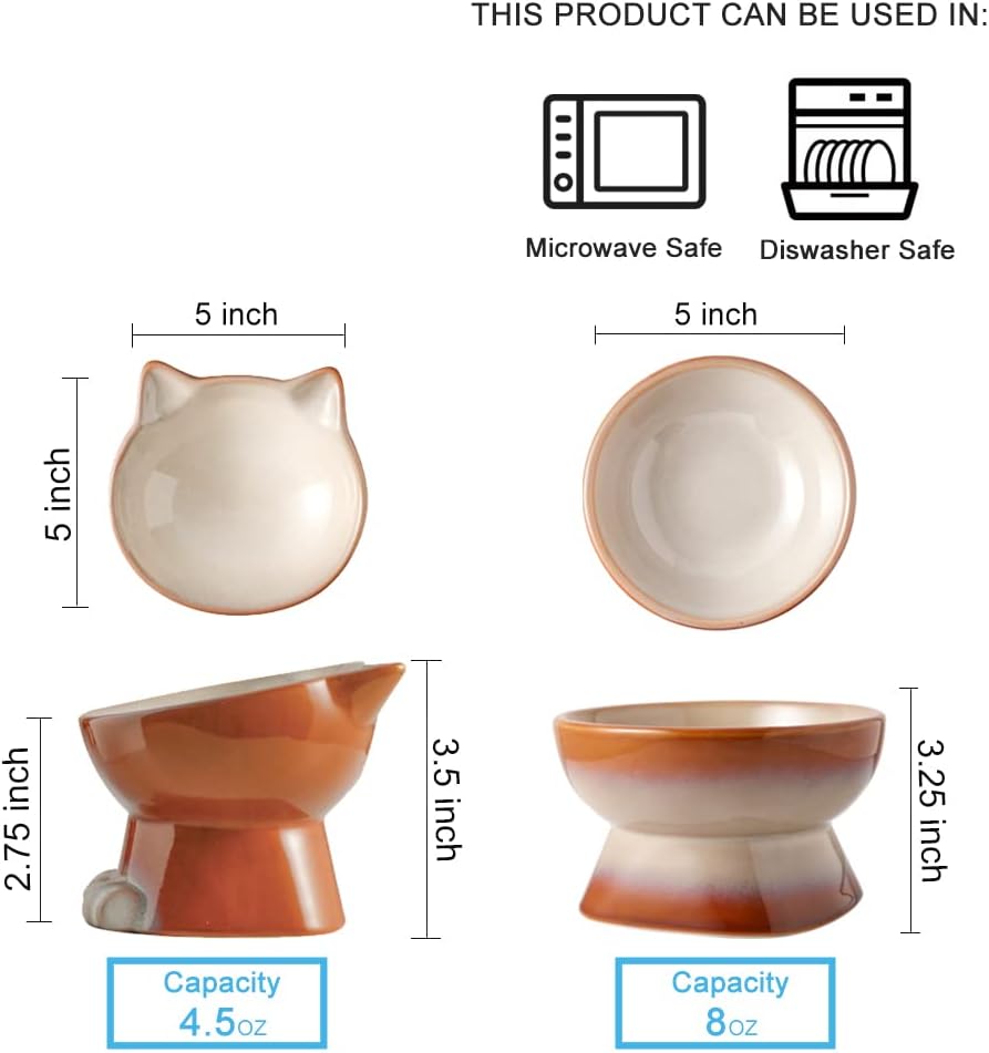 Nihow Elevated Cat/Dog Bowls Set : 5 Inch Ceramic Raised Cat Food & Water Bowl Set for Protecting