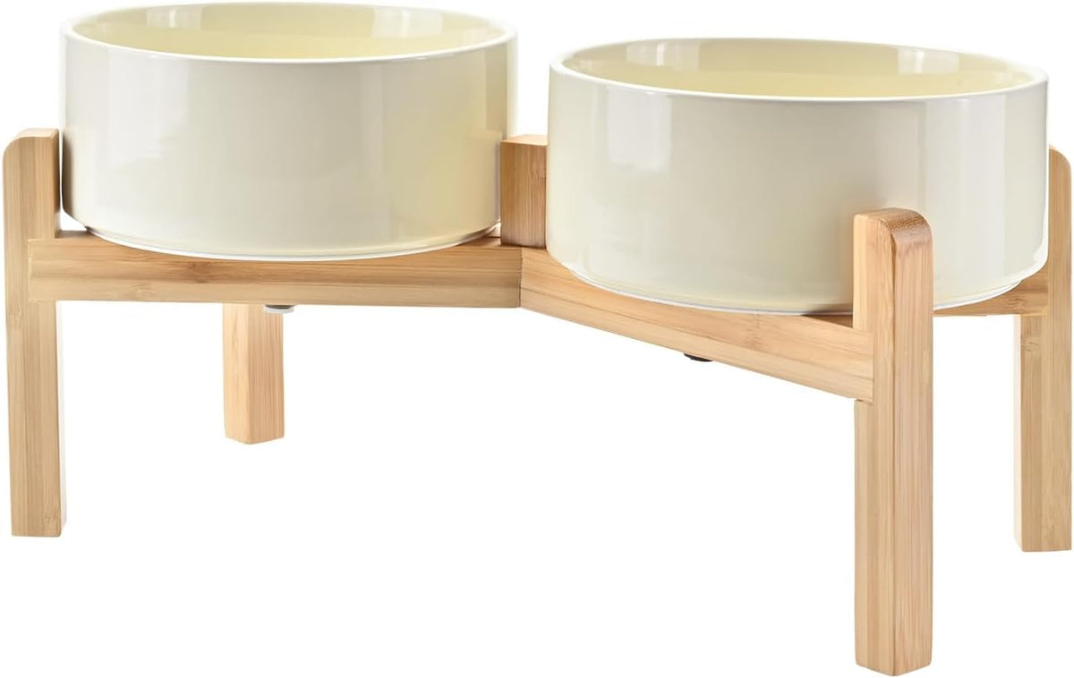 SPUNKYJUNKY Elevated Dog Bowls Ceramic, 7.3'' Dogs Food Water Bowls Raised with Non-Slip Bamboo