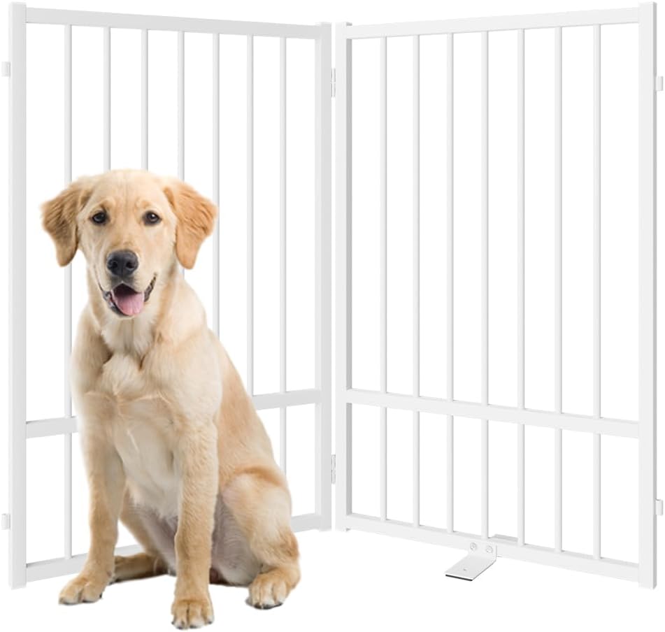 Full Metal Freestanding Dog Gate with Door, 32''Height Foldable Pet Dog Fence for Indoor & Outdoor