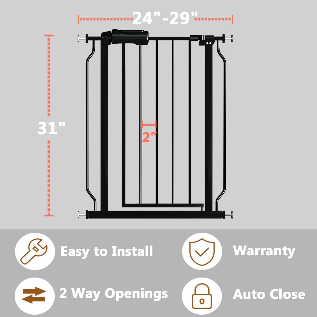 Narrow Baby Gate for Doorways Stairs, 24-29" Wide Pressure Mounted Walk Through Metal Auto Close