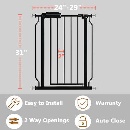 Narrow Baby Gate for Doorways Stairs, 24-29" Wide Pressure Mounted Walk Through Metal Auto Close