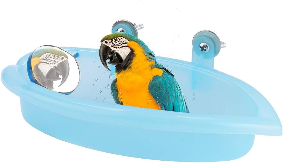 Tnfeeon Pet Bird Bathing Box, Cute Blue Pet Parrot Bathtub Box with Mirror Bird Cage Toy Accessory