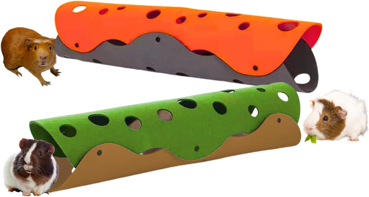 Guinea Pig Tunnels, Foldable Fleece Hideout Beds with Cheese-Hole Design, 2 Pack Modular Tunnel Set