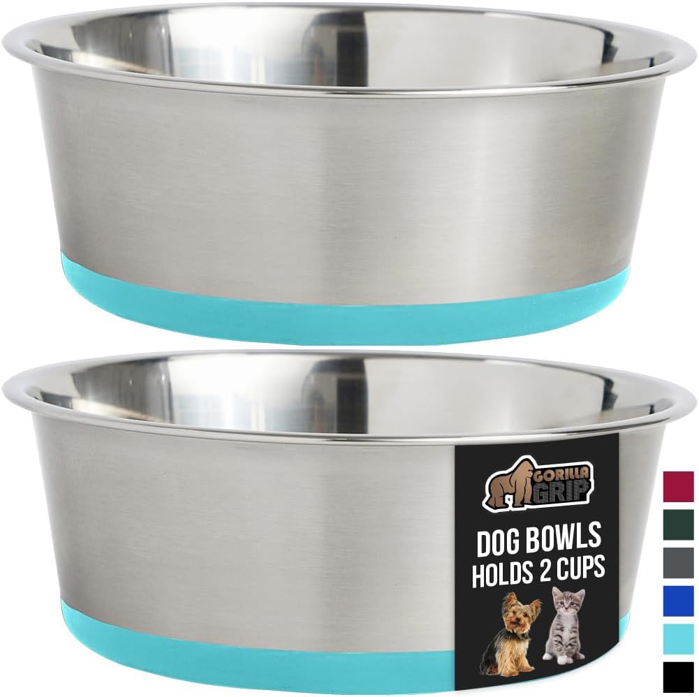 GORILLA GRIP Set of 2 Dog Bowls, Heavy Duty Metal Food and Water Bowl for Feeding Dogs and Cats