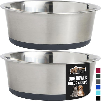 GORILLA GRIP Set of 2 Dog Bowls, Holds 4 Cups (32 fl oz), Heavy Duty Metal Food and Water Bowl for