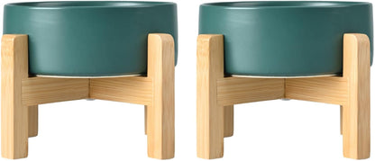 SPUNKYJUNKY Ceramic Elevated Dog Bowls 2 Pack - 8.3inch Raised Dog Bowls with Non-Slip Wooden Stand