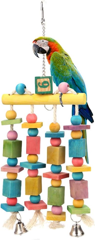 Parrot Hanging Chew Toy Bird Bite Swing with Colorful Wood Beads Bells for Parrot Macaw African